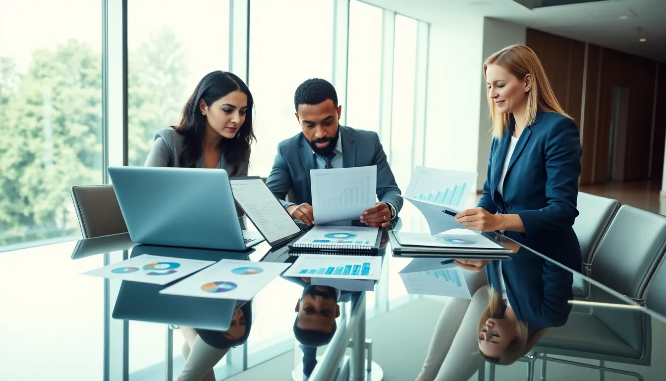diverse team discussing data in a modern office.