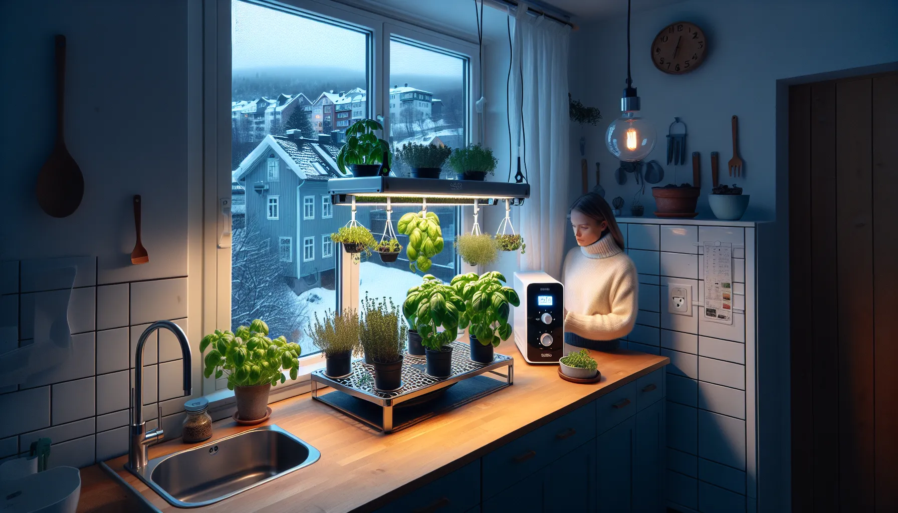 Hvordan dyrke dine egne urter hjemme året rundt 2 Norwegian kitchen herb station under led lights on a winter evening.