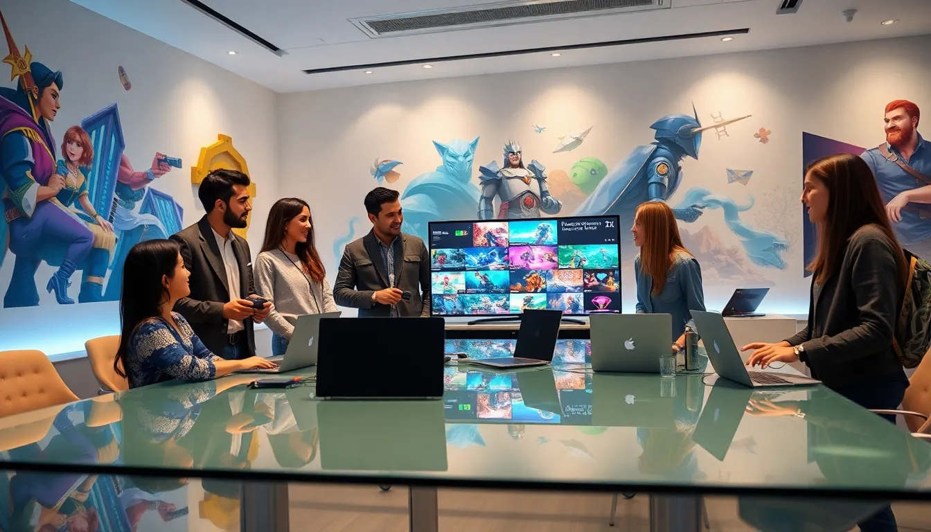 diverse team collaborating on gaming projects in a modern environment.