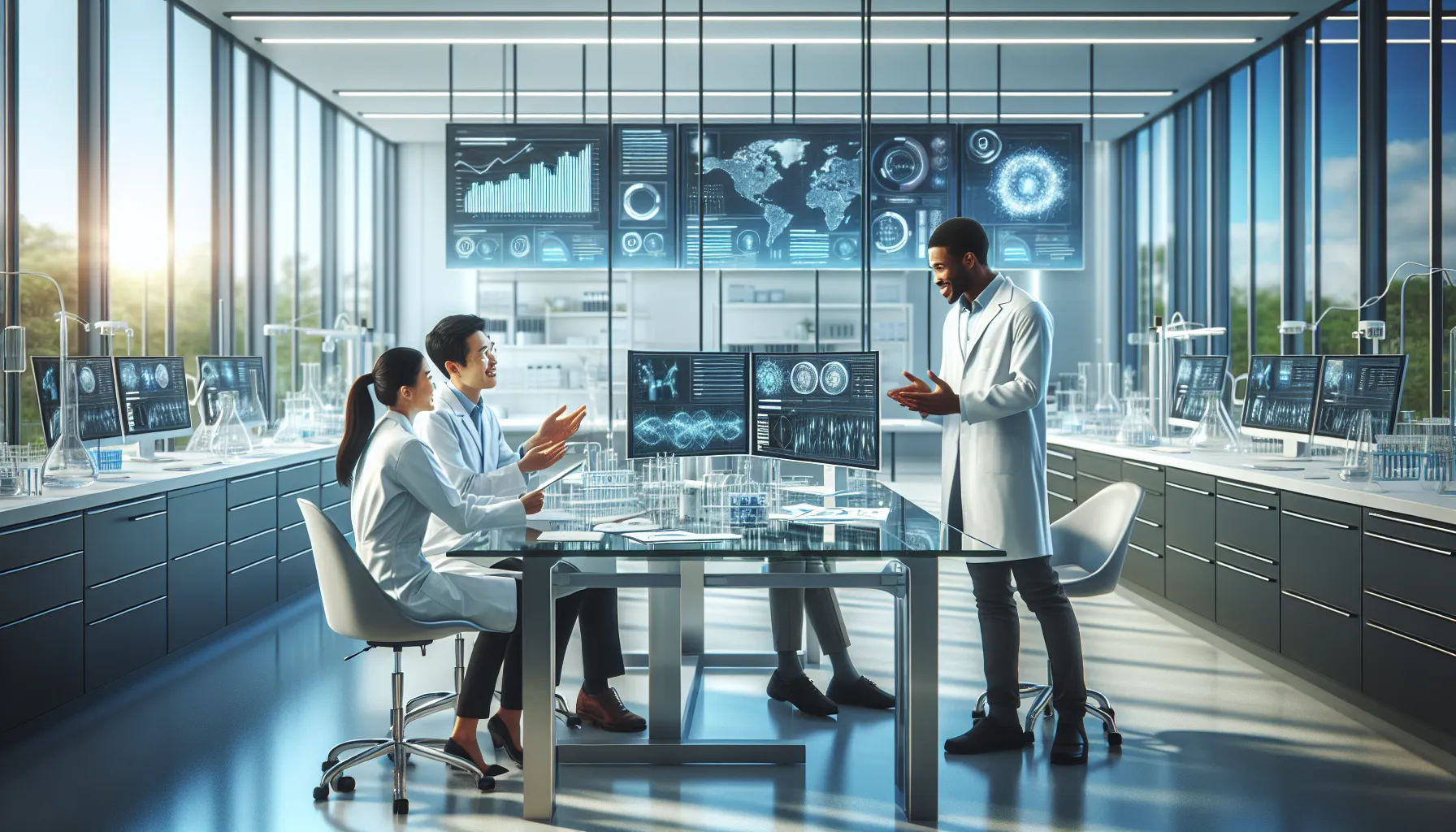 diverse team collaborating in a modern research lab.