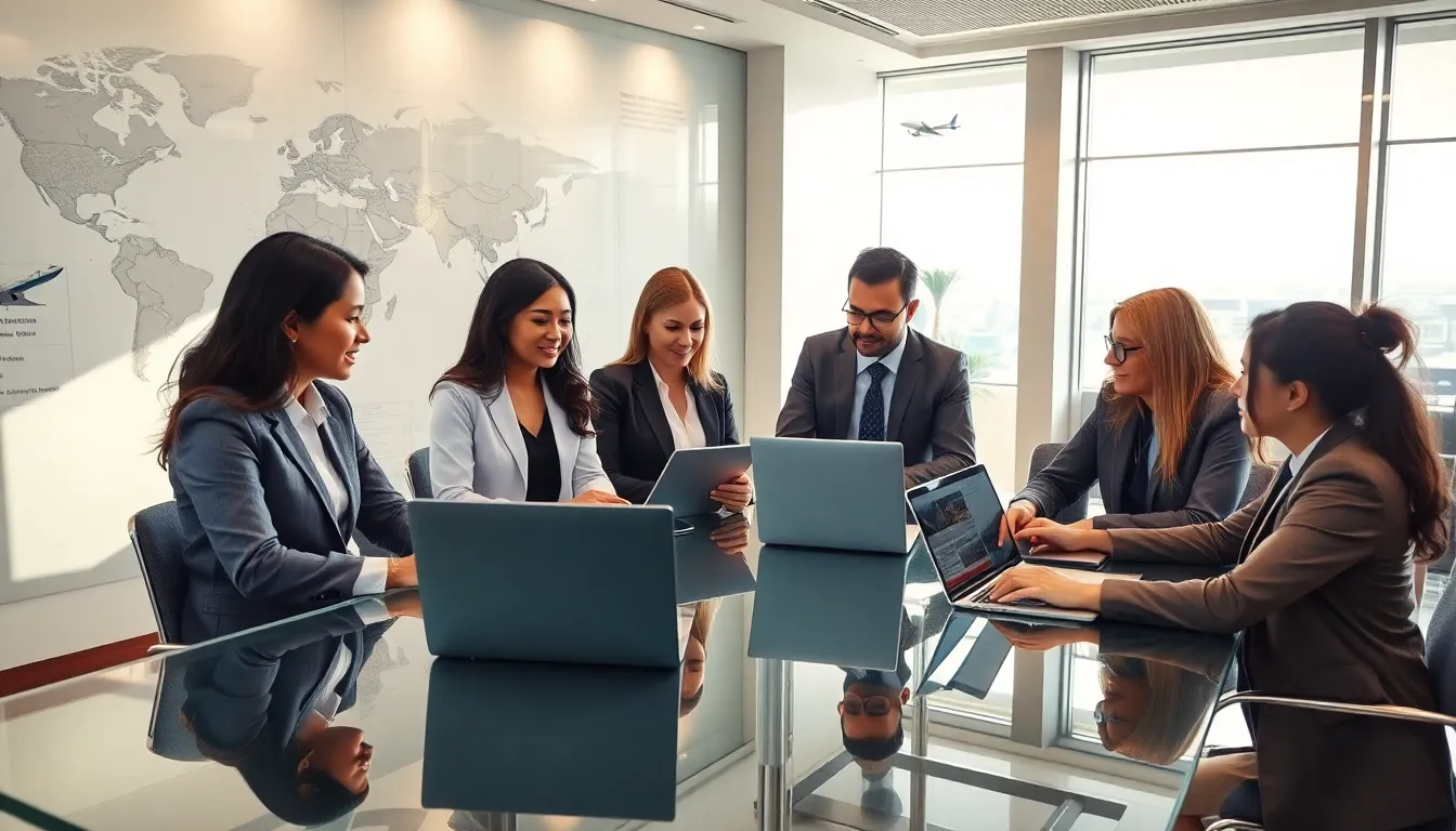 professionals discussing air travel effects in a modern office.