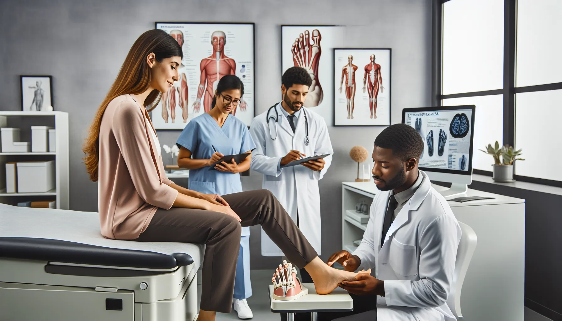 healthcare team assessing foot condition in a modern clinic.
