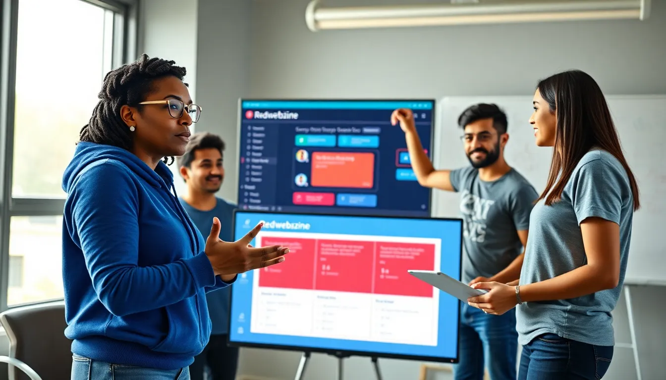 developers brainstorming about Redwebzine in a bright office space.