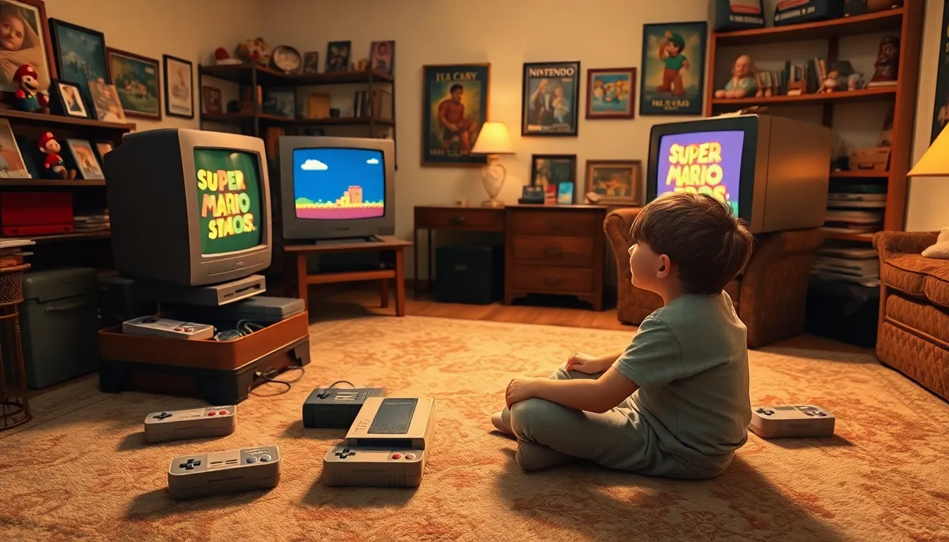 a young boy playing Nintendo in a vintage 1980s living room.