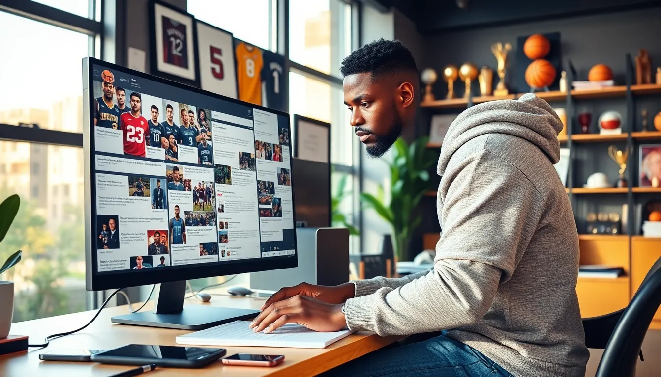 a sports journalist in an office filled with memorabilia reviewing articles on a computer.