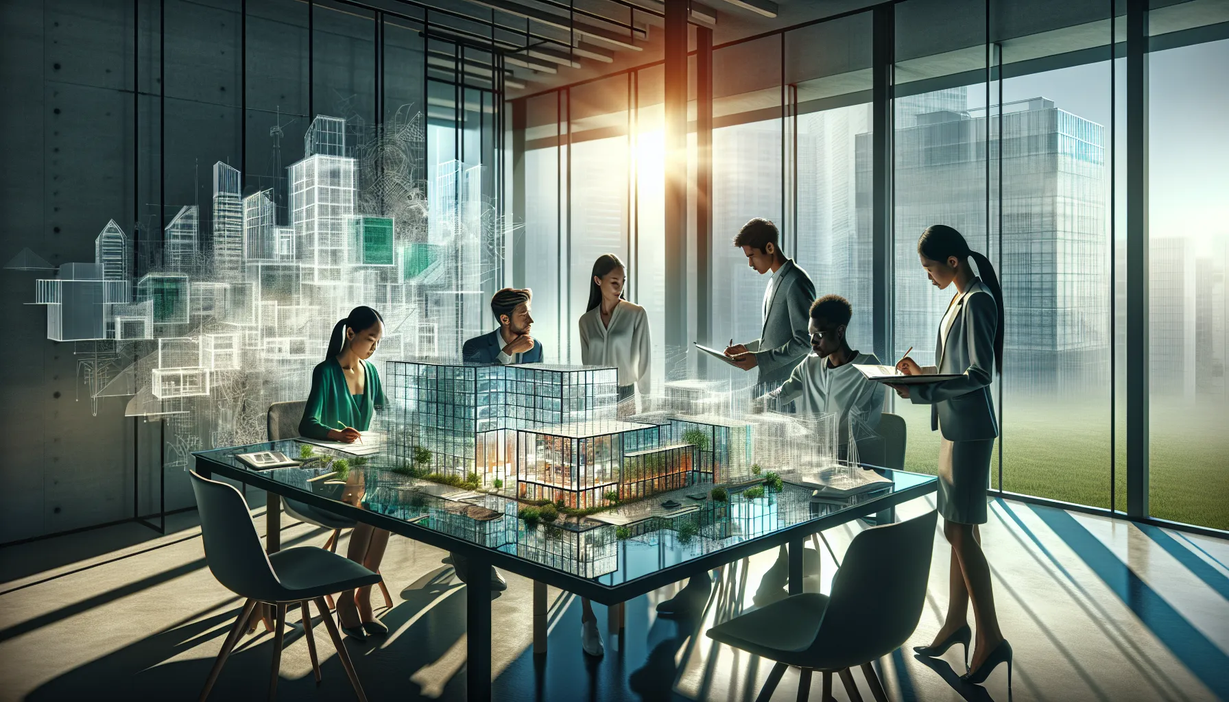 diverse architects discussing sustainable design in a modern office.