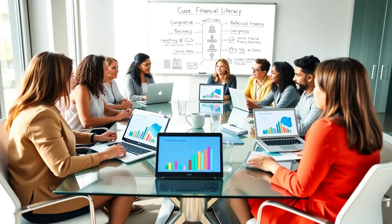 diverse team discussing financial literacy and alternative models in a modern office.