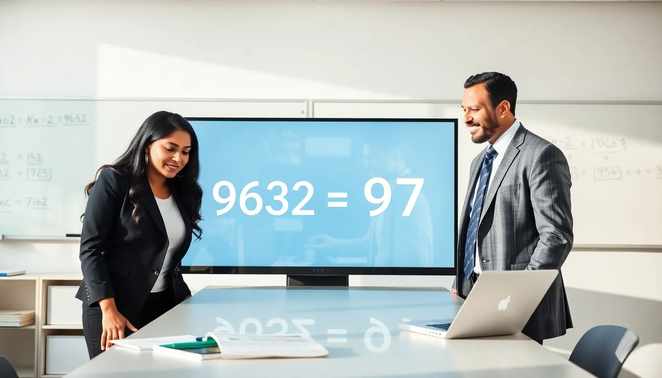 professionals discussing multiplication concepts in a modern classroom.