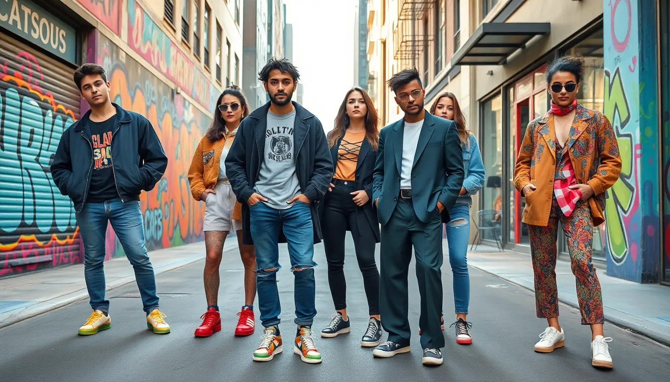 diverse Gen Z individuals expressing unique fashion styles in an urban setting.