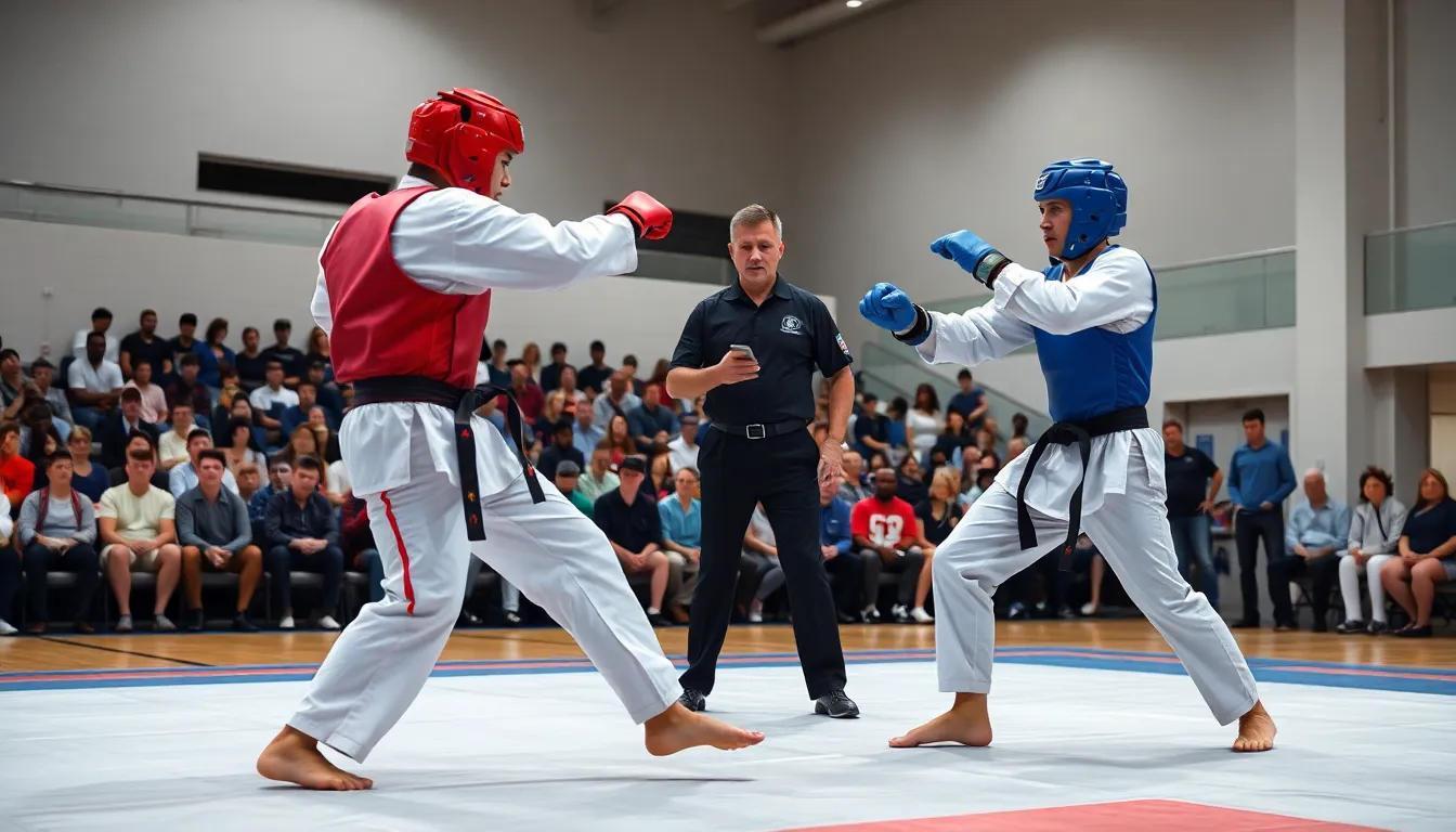 Taekwondo athletes competing during a bout in a modern gym.