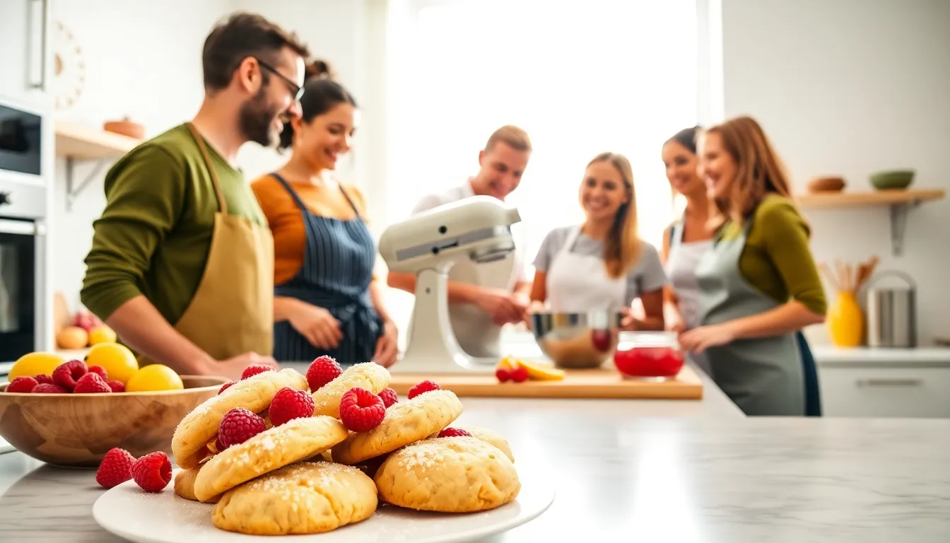 bakers creating raspberry lemonade cookies in a modern kitchen.