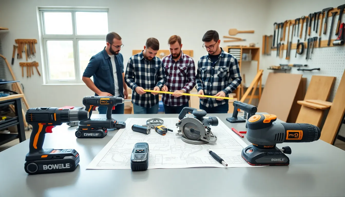 men collaborating in a modern workshop with essential DIY tools.