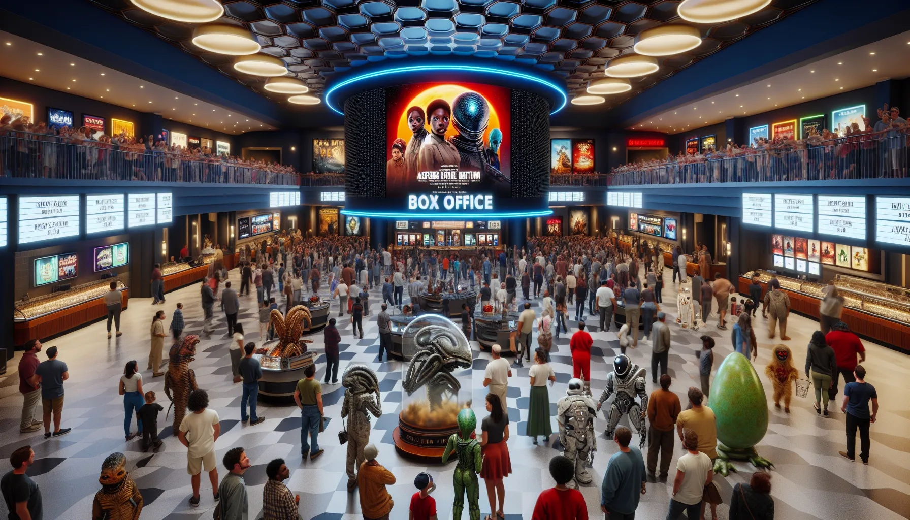 A theater lobby with Alien and Predator movie displays and interacting visitors.