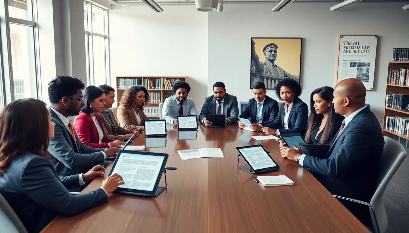 diverse legal team discussing media law in a modern office.