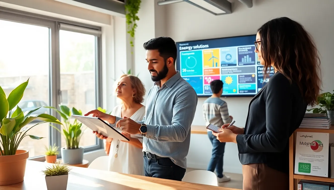 people discussing renewable energy solutions in a bright co-working space.