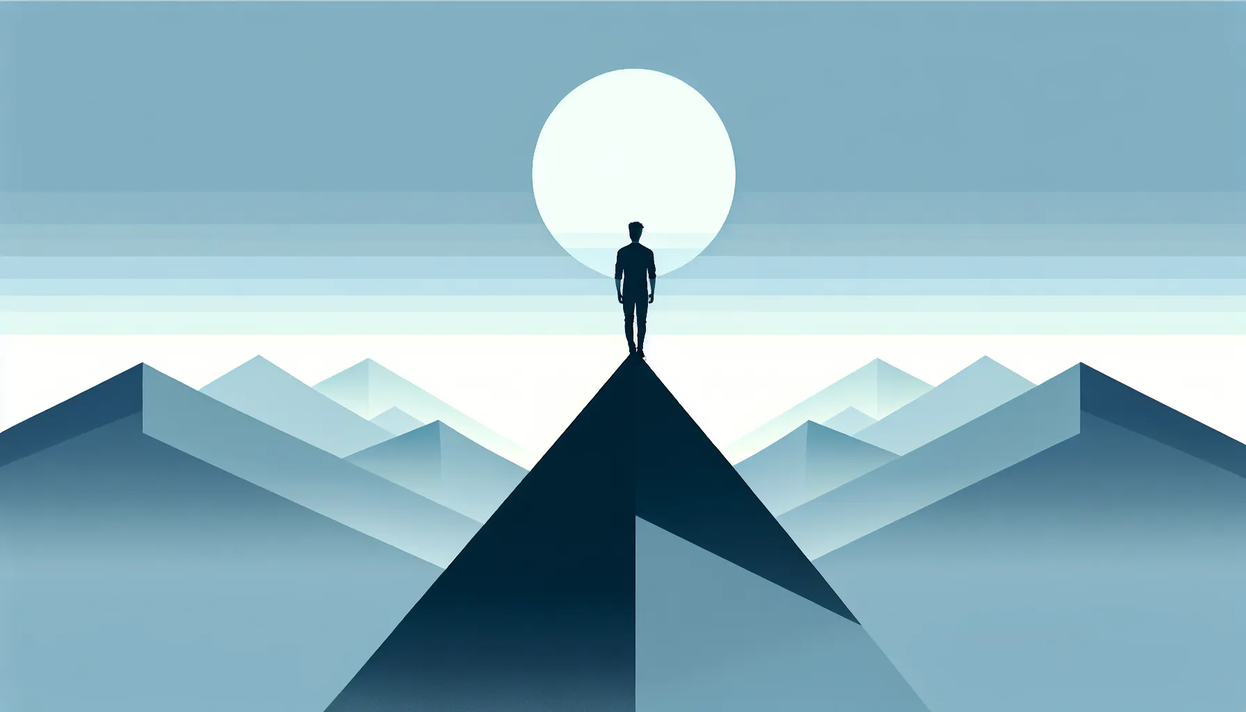 Solitary figure silhouette standing on mountain peak against minimal sky