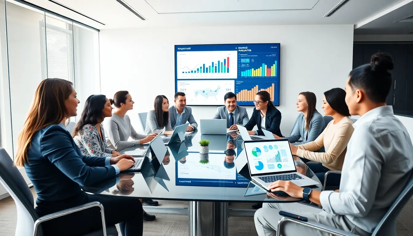 diverse team collaborating on advanced software in a modern office.
