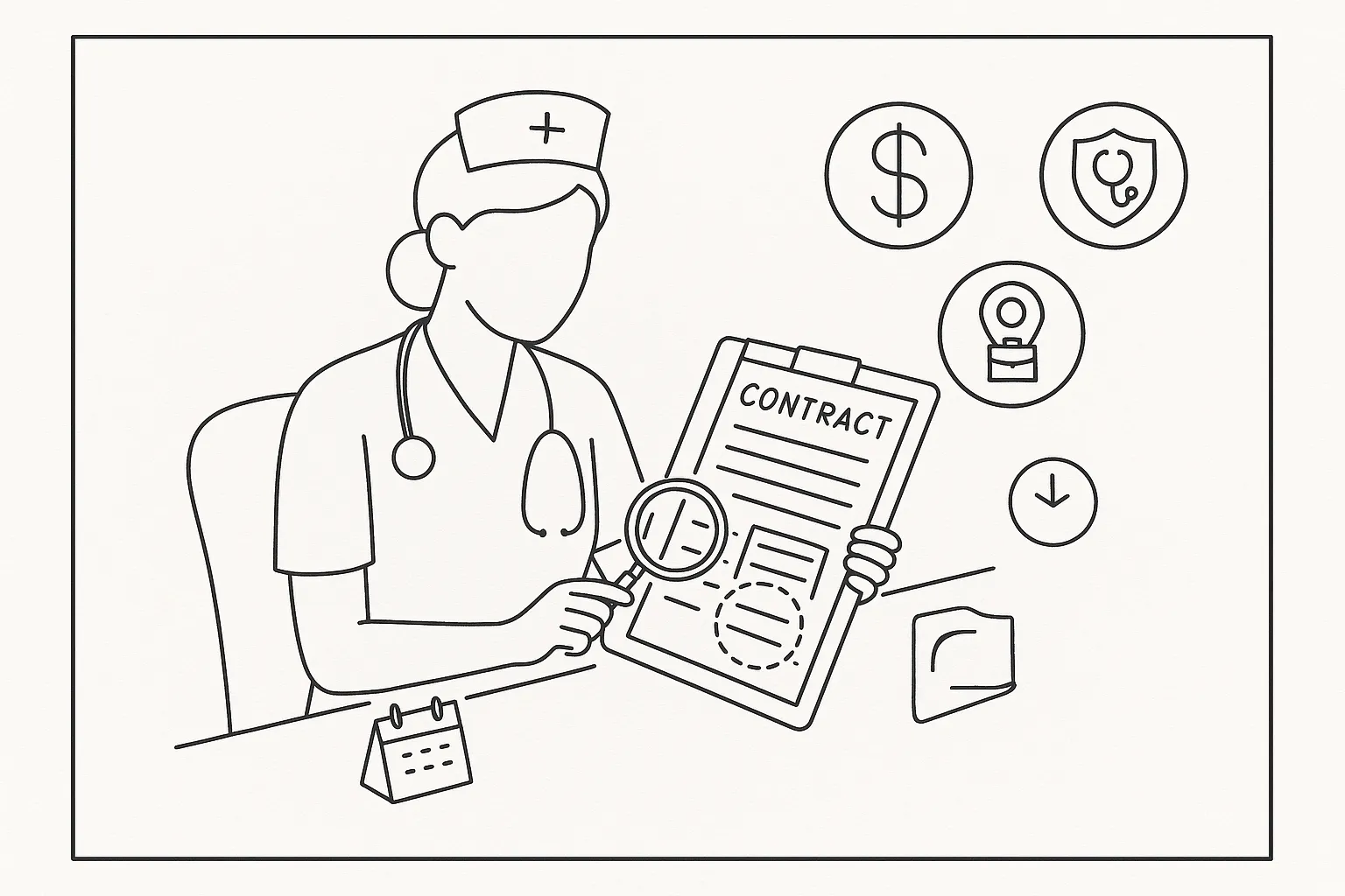 Nurse practitioner reviewing a contract with icons for pay, license, and mobility of Nurse Practitioner Contract Termination Review