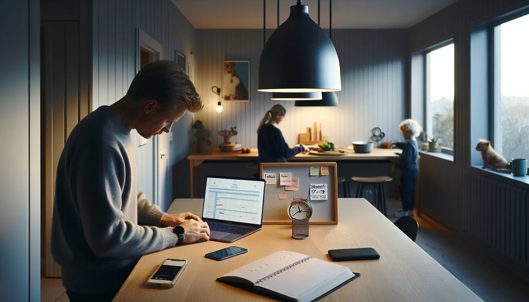 Norwegian parent closing laptop and enabling focus mode before family dinner.