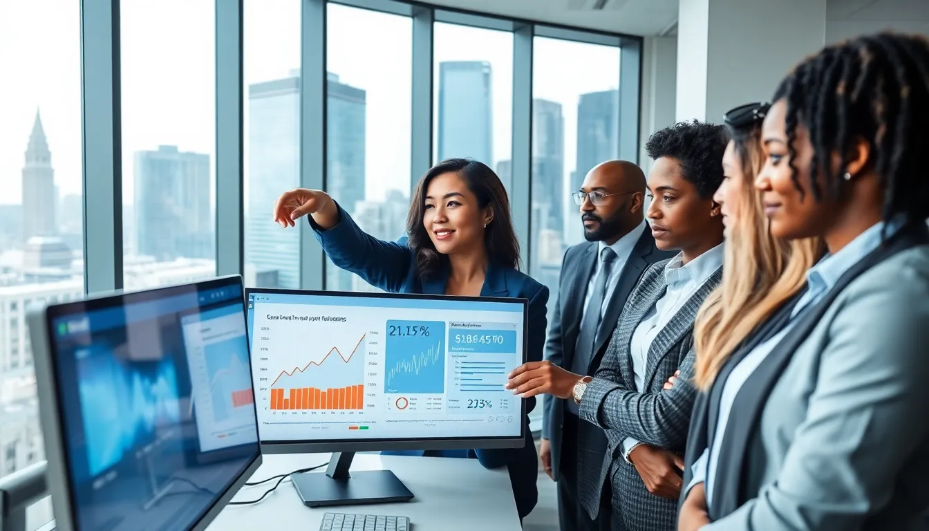 team of cybersecurity professionals analyzing data in a modern office.