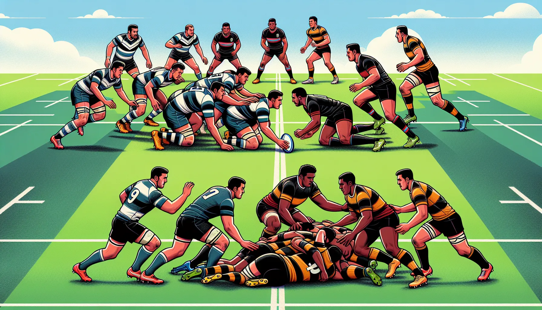 Two distinct rugby teams demonstrating Union and League gameplay differences on a sunny field.