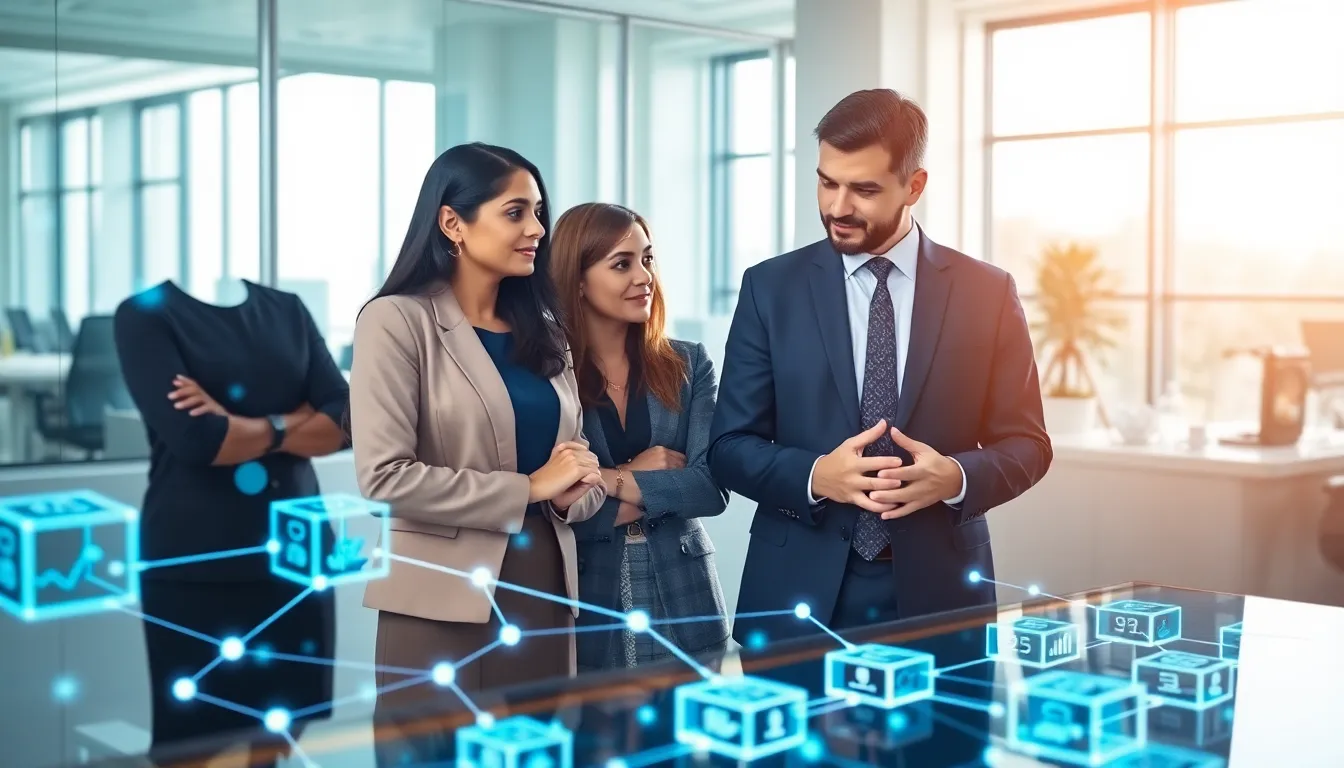 infographic illustrating blockchain technology with diverse professionals.