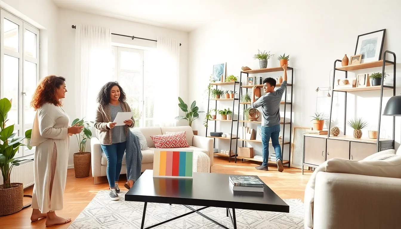 group of professionals collaborating in a modern living room decor.