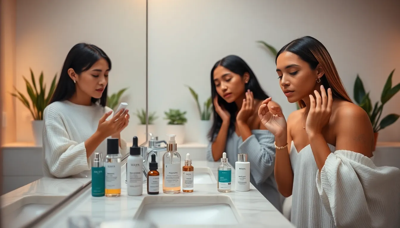diverse group applying skincare products in a serene bathroom setting.