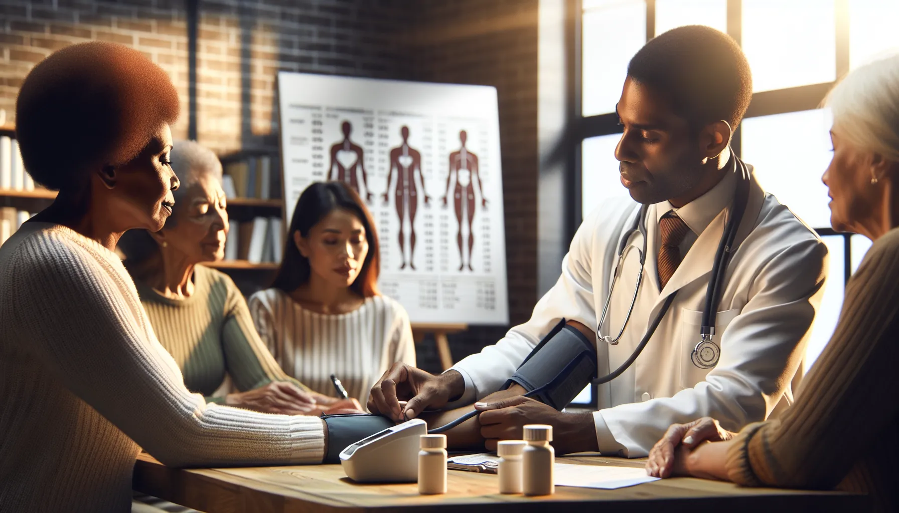 A healthcare professional discussing blood pressure management with diverse patients.