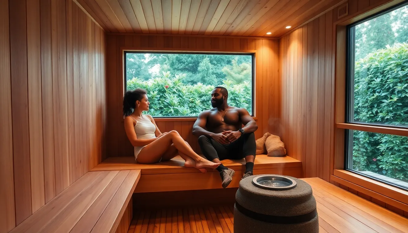 two people relaxing in a modern home sauna.