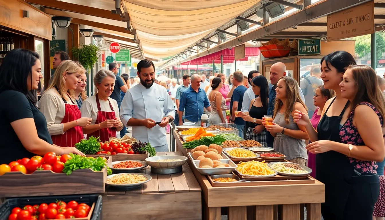 bustling market scene with diverse local cuisines and enthusiastic travelers.