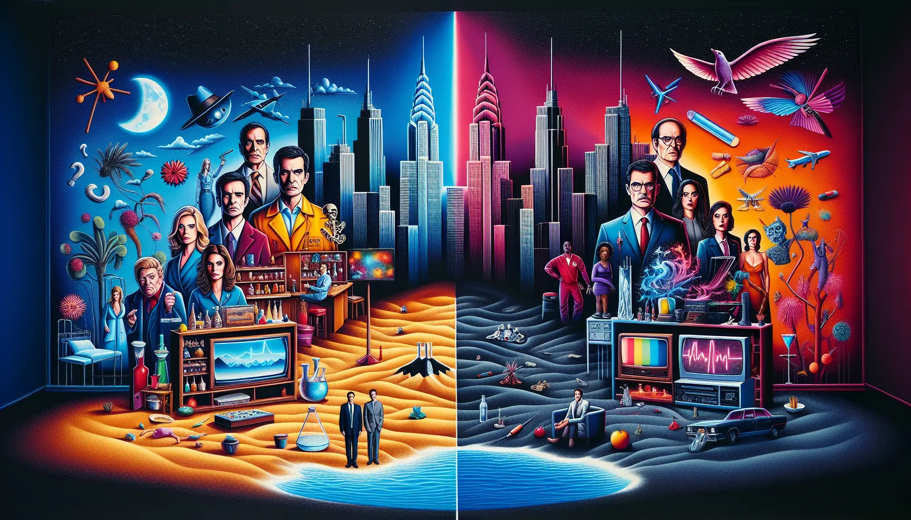 A split-image depiction highlighting the essence of two iconic TV series.
