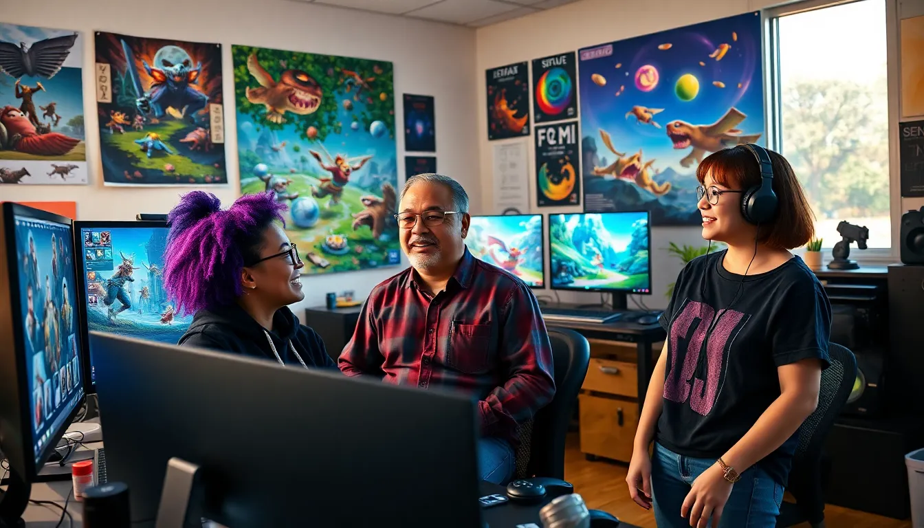 a diverse team of game developers collaborating in a modern studio.