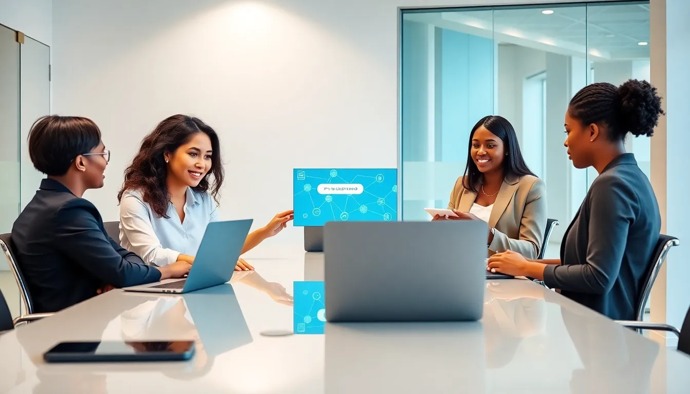 diverse professionals discussing IP addresses in a modern office.