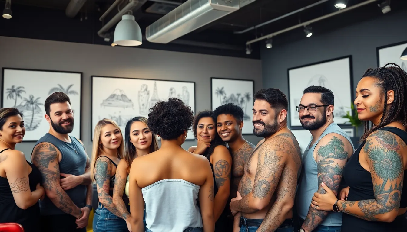 diverse group showing travel-themed tattoos in a modern tattoo studio.