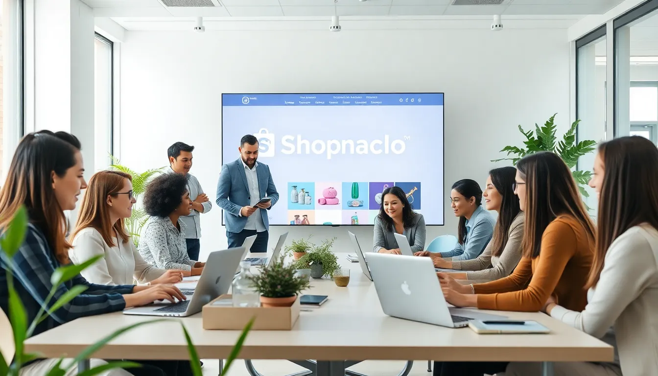 diverse team collaborating in a modern office for Shopnaclo.
