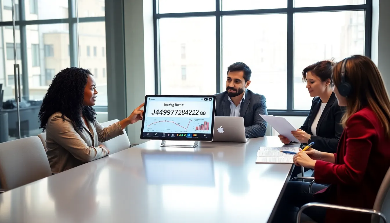professionals discussing a package tracking number in a modern office.