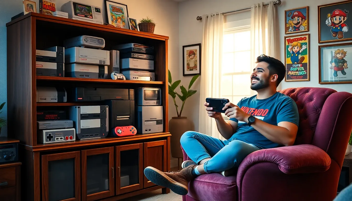 A young gamer playing Nintendo games with iconic consoles displayed.