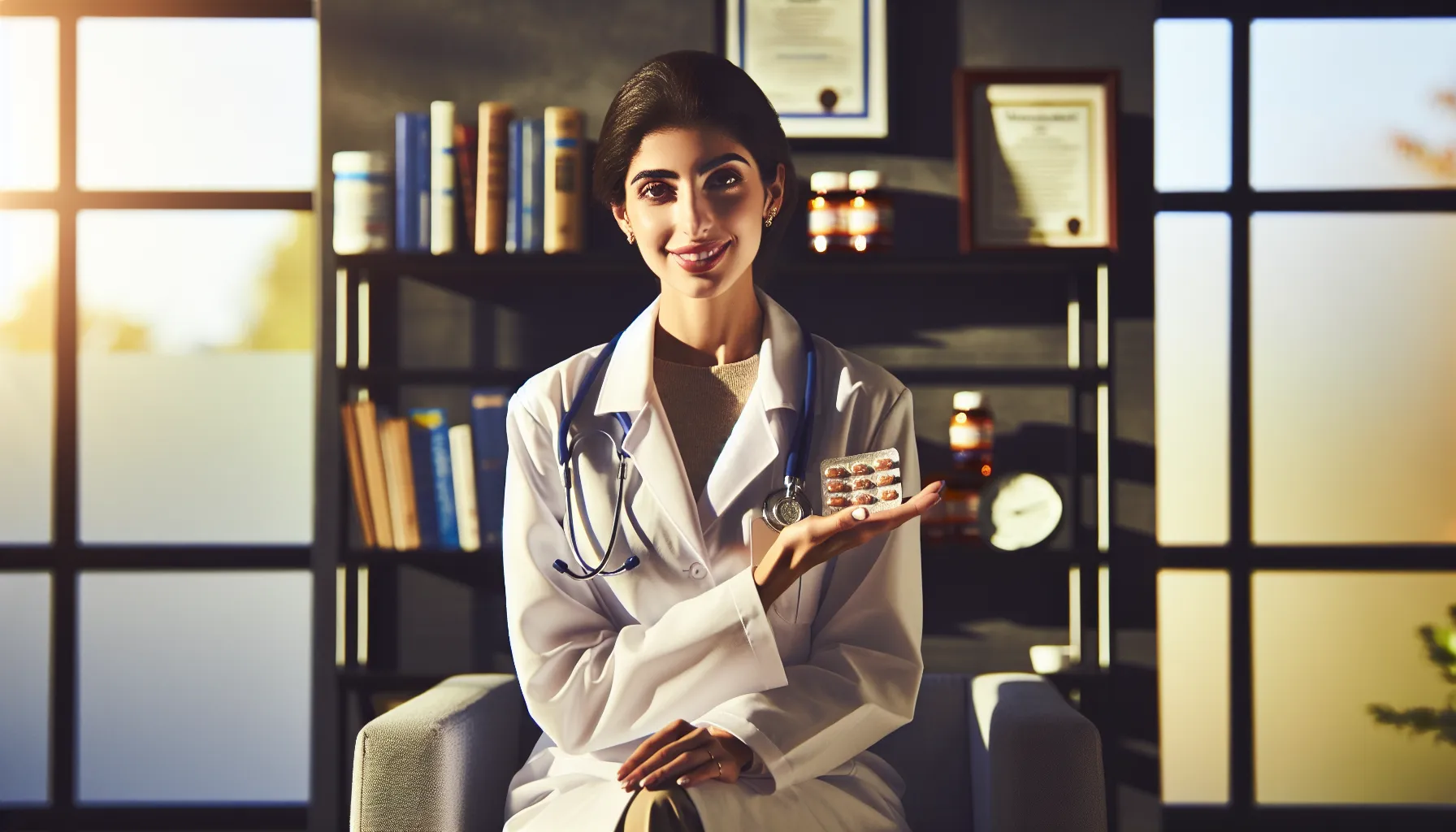 A healthcare provider consulting about medication use in a professional setting.