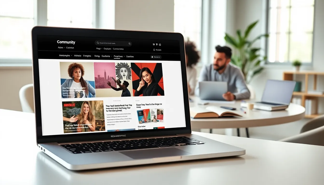 laptop displaying @ RedandWhiteMagz.com in a modern office.