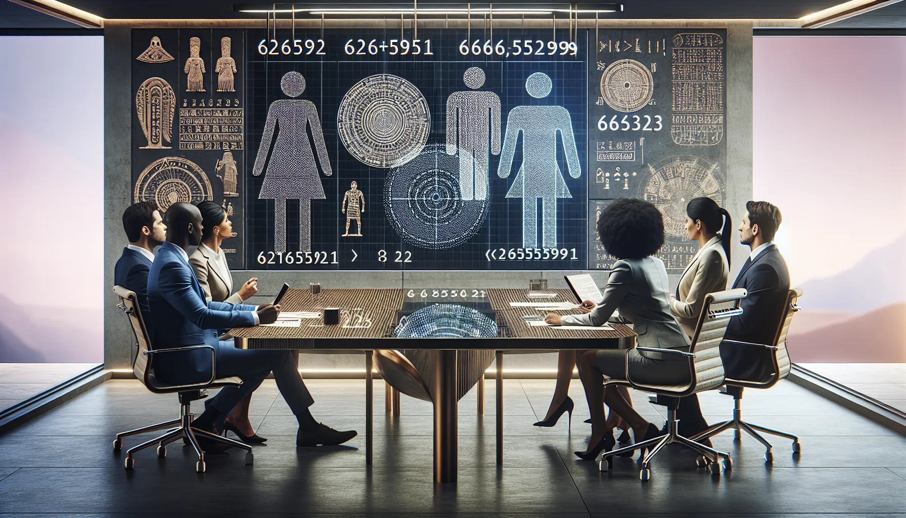 diverse team analyzing numerological data in a modern office.