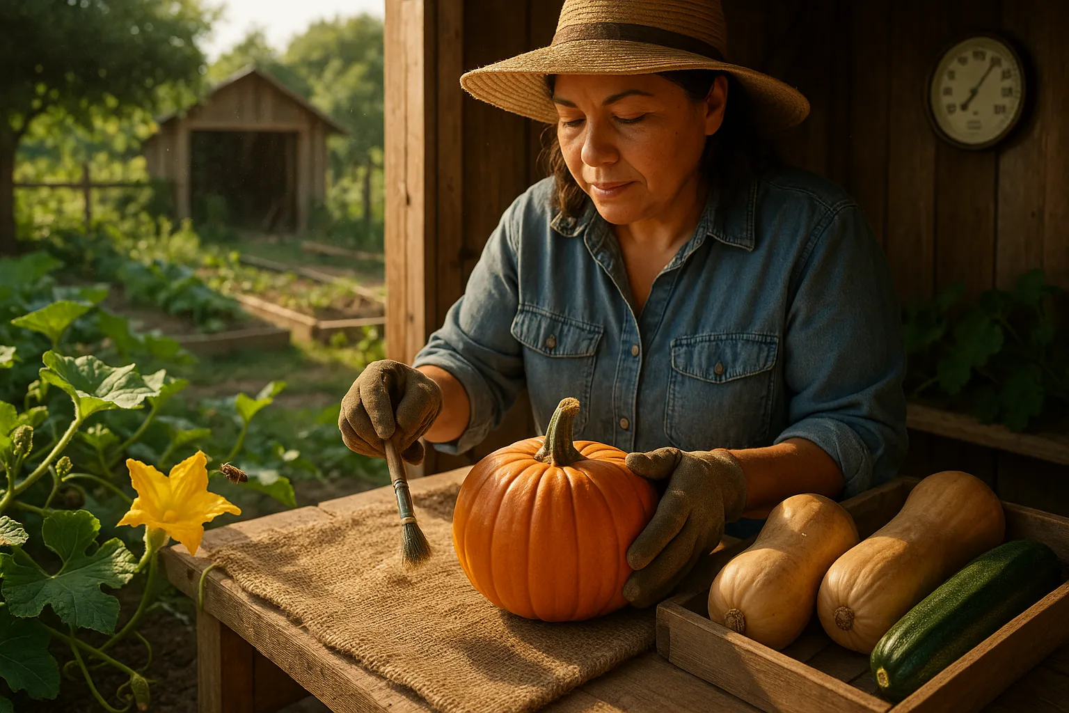 Gardener placing pumpkins and winter squash on a curing table at sunset.