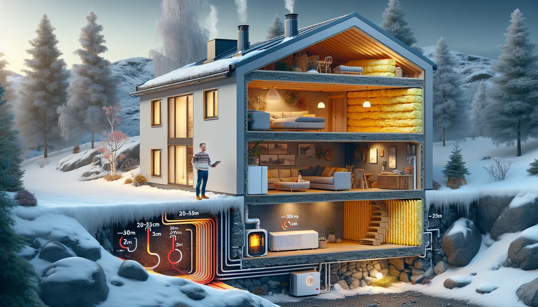 Hvordan påvirker ulike typer isolasjon varmepumpens effektivitet? 2 Cutaway winter scene of a norwegian house showing insulation levels and heat pump.