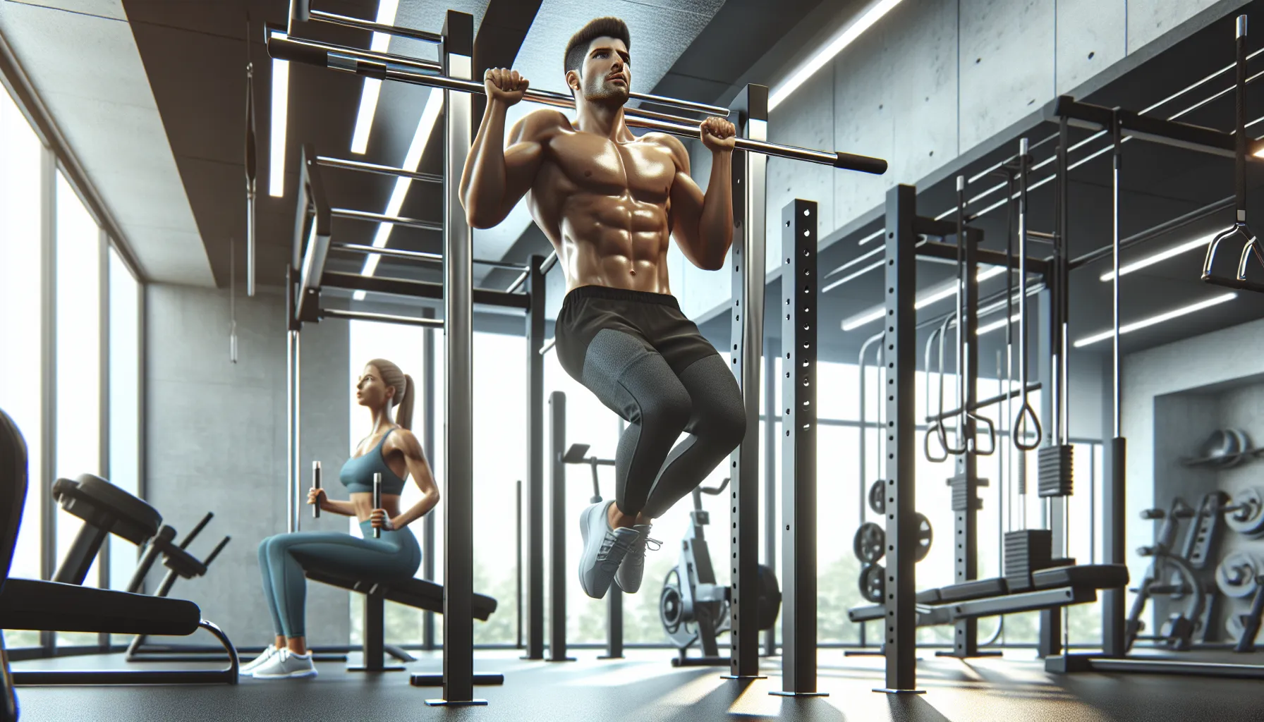 Two individuals in a gym demonstrating chin-ups and pull-ups on metal bars.