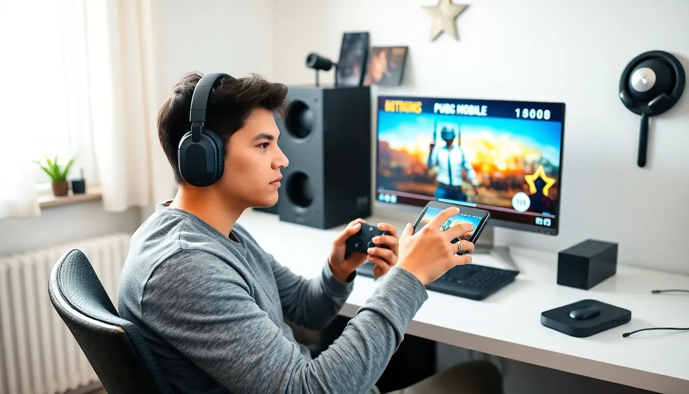 gamer using an Xbox controller with PUBG Mobile on a tablet.