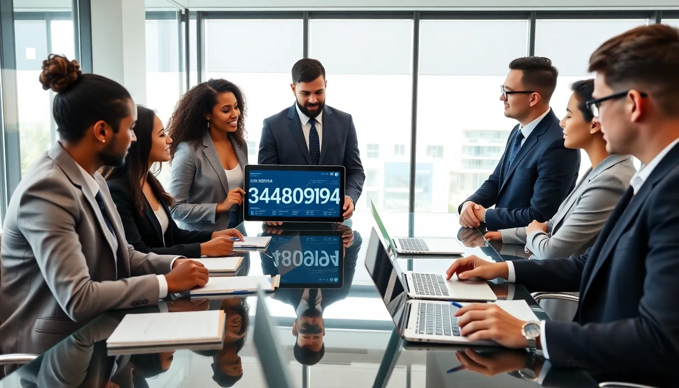 diverse team collaborating in a modern office around a glass conference table.