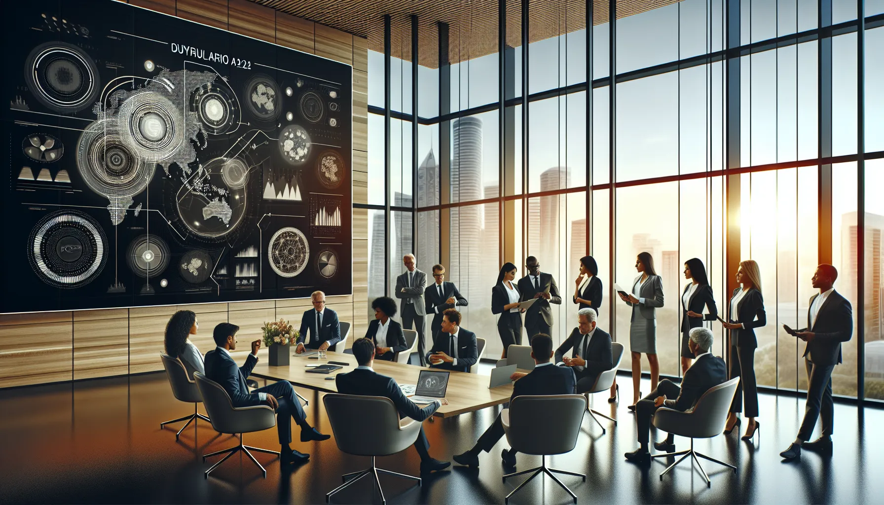 diverse professionals discussing a digital display in a modern office.