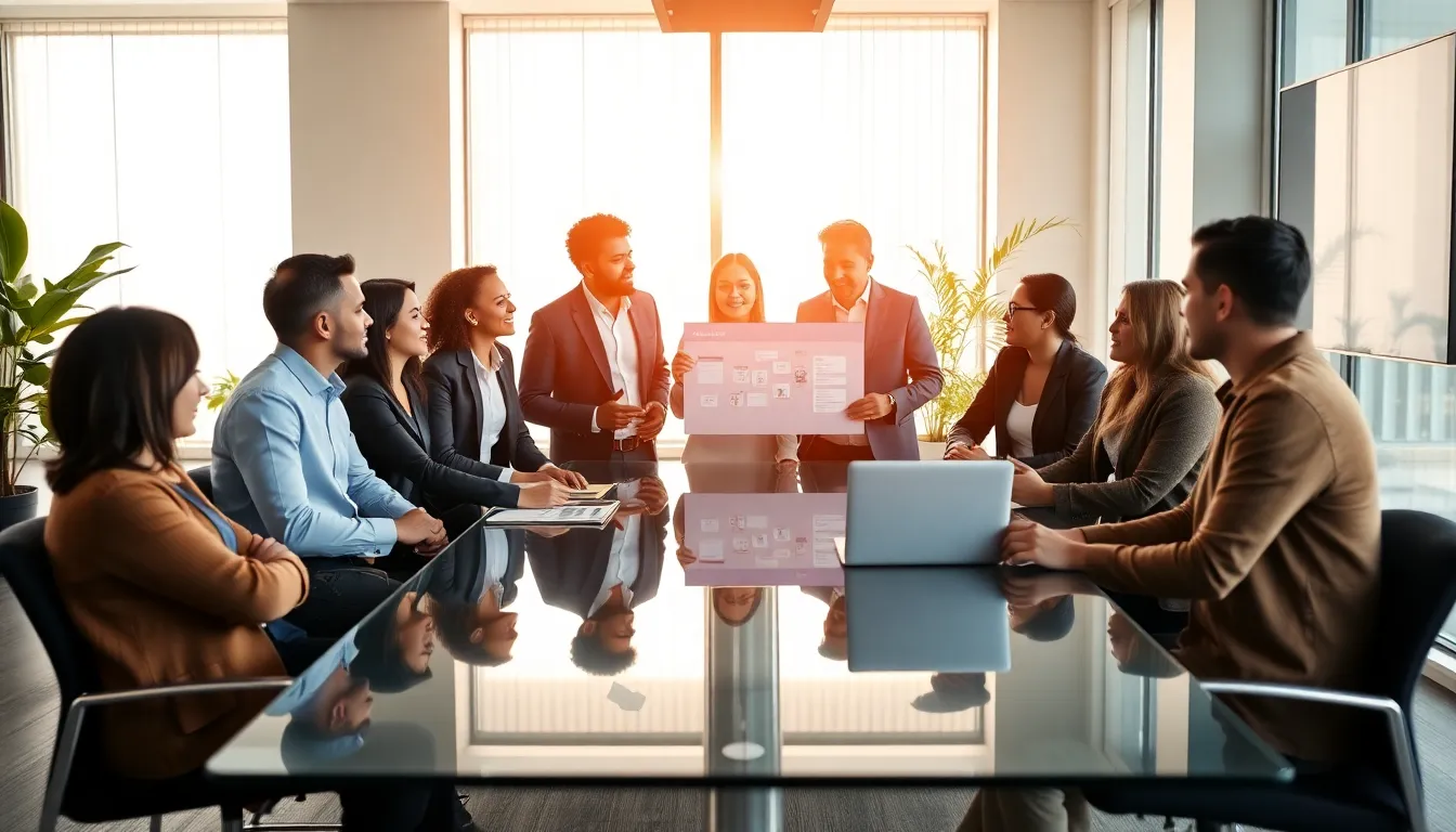 diverse business leaders collaborating in a modern conference room.
