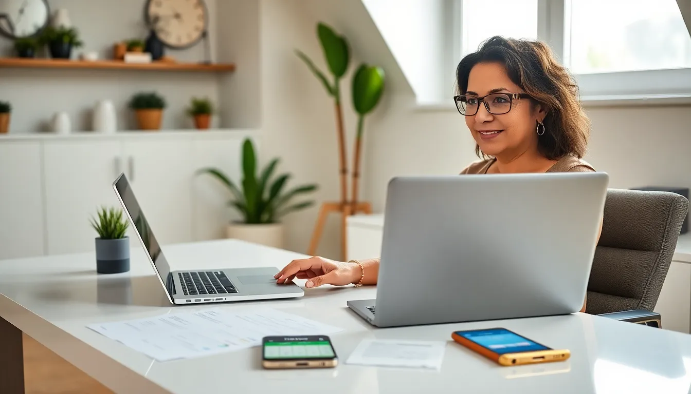 woman using QuickBooks in a modern home office.