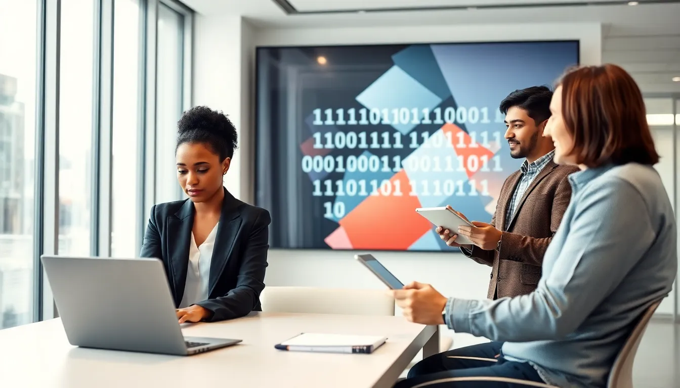 diverse team discussing binary coding in a modern office.
